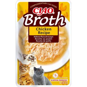 inaba churu Ciao Broth Chicken Recipe 40g kattgodis kattsnacks kyckling kattsoppa buljong gott lyxigt vätskebrist strimlor