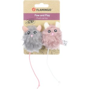 Flamingo Kattleksak 2-pack Gripi Mouse Mix rosa grå fluff boll svans kattmynta