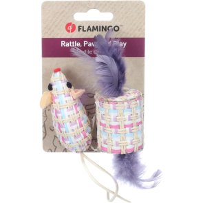 Flamingo Kattleksak 2-pack Texa Roll & Mouse mus och rulle med fjäder och kattmynta