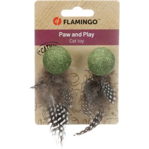Flamingo Kattmyntaboll med fjädrar Katti Catnip 2-pack kattleksak ball with feathers 9,5 cm 3,5 cm naturlig leksak katt