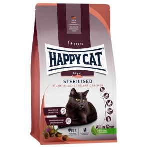 Happy Cat Adult Sterilised Lax kattfoder kastrerad salmon torrfoder mättande hårbollar glänsande päls viktkontroll smakligt