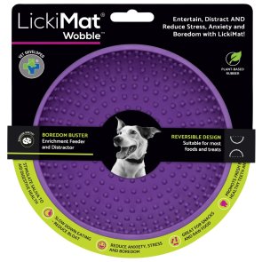 lickimat wobble hundmatskål slow feeder slowfood aktiveringsmatskål piggar naturgummi veterinär giftfri ljusblå lila grön hund k