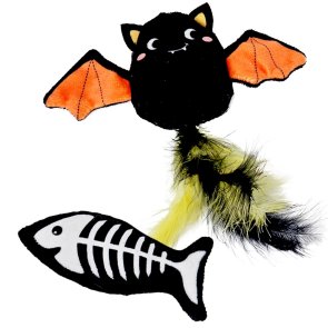 halloween kattleksak 2-pack fladdermus fisk skelett kattmynta fjäder plysch