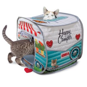 KONG Play Spaces Happy Camper kattunnel kattält camping popup tält kattleksak vit turkos husbil för katt leksak