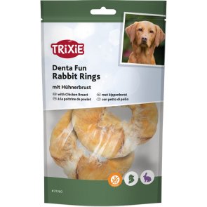 Trixie Denta Fun kaninringar med kycklingbröst, 100 g hundtugg kanin kaninhud tugg hundgodis
