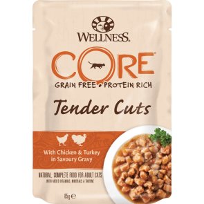 kattfoder kattmat blötmat våtfoder kyckling kalkon i sås spannmålsfri proteinrik naturlig balanserat komplett wellness core