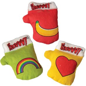Yeowww! Kitten Mitten catnip ekologisk kattmynta kattleksak vante gul grön röd bomull