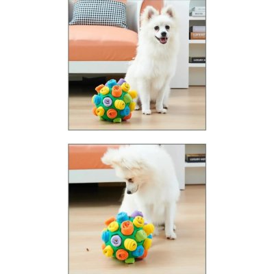 Zoom bild av aktivitetsboll aktiveringsboll aktivering hundaktivering snuffle ball snuffelmatta boll hundboll godisgömma snacksgömma hundleks