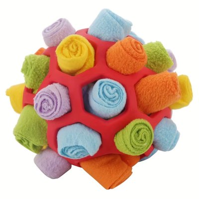 Zoom bild av aktivitetsboll aktiveringsboll aktivering hundaktivering snuffle ball snuffelmatta boll hundboll godisgömma snacksgömma hundleks