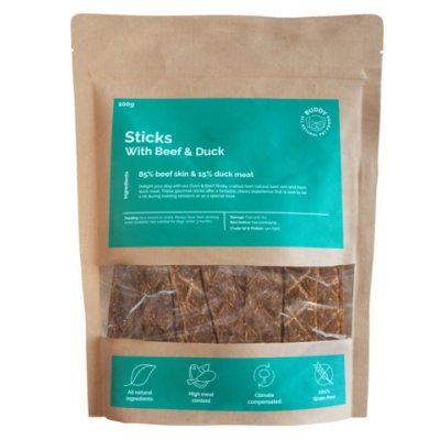 Zoom bild av hundsnacks hundgodis anka duck naturligt buddy träningsgodis hundtugg