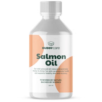 Zoom bild av laxolja salmon oil kosttillskott omega3 hund katt vitamin nyttigt buddy naturligt