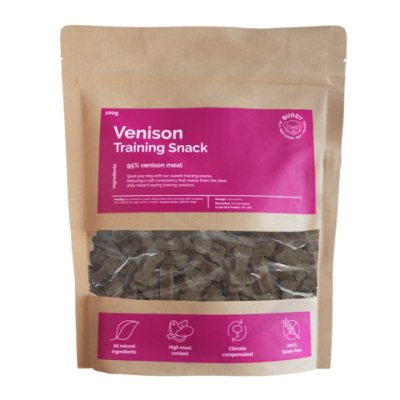 Zoom bild av hundsnacks hundgodis hjort venison naturligt buddy träningsgodis rådjur