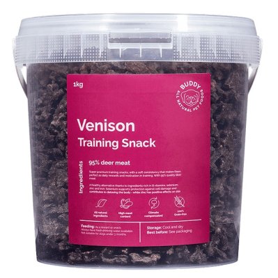 Zoom bild av hundsnacks hundgodis hjort venison naturligt buddy träningsgodis rådjur