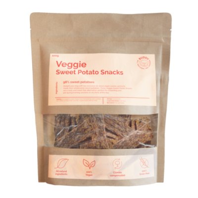 Zoom bild av hundsnacks hundgodis sötpotatis sweet potato vegan naturligt buddy träningsgodis hundtugg