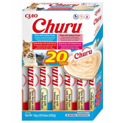 Zoom bild av churu cat seafood varieties 20 pack skaldjur tonfisk räkor krabba lax kammussla flytande kattgodis aktivering handmatning smakri