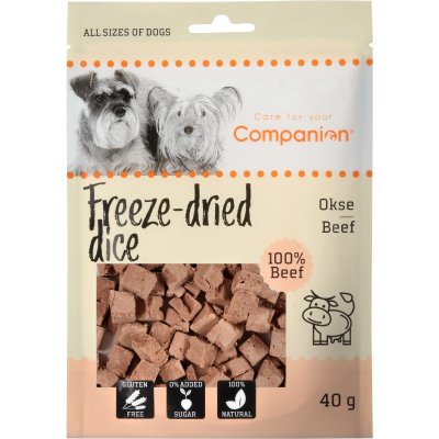 Zoom bild av hundgodis hundsnacks belöningsgodis biff nötkött beef frystorkat glutenfritt sockerfri naturlig companion freeze dried dice
