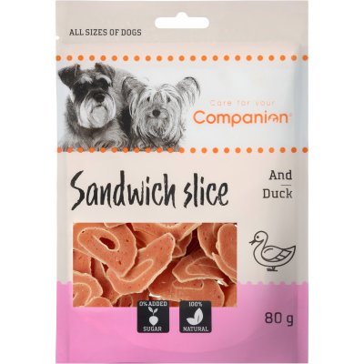 Zoom bild av hundgodis hundsnacks belöningsgodis anka ankkött duck tunna slice spannmålsfri sockerfri naturlig companion sandwich slice