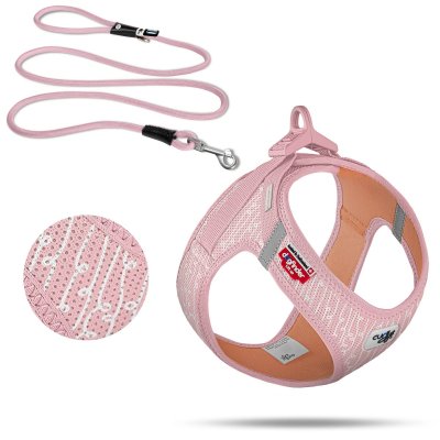 Zoom bild av hundsele lättknäppt idskydd kylande kylväst sele snabb smidig rosa ljusrosa mönster curli pink