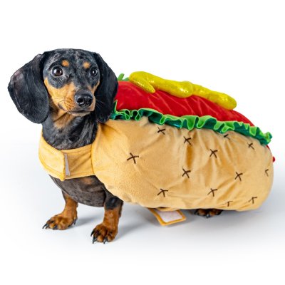 Zoom bild av Dogman Maskeradkostym Hot Dog korv med bröd hunddräkt halloween utklädnad brun röd gul