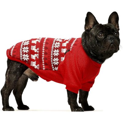Zoom bild av hundtröja jultröja hund röd stickad vintermönster julmönster fitwarm