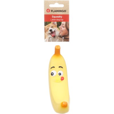 Zoom bild av Flamingo Banan latex med pip 16,5 cm hundleksak pipleksak hund gul