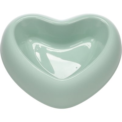 Zoom bild av flamingo hjärtformad matskål hundmatskål grön vattenskål plastskål hund tre storlekar plast gullig pastell alla hjärtans dag