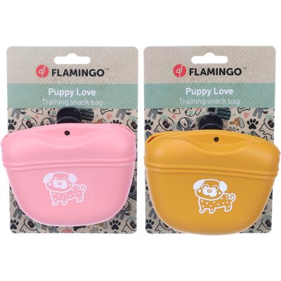Zoom bild av flamingo Godisväska Puppy Twix, två varianter snack dispenser snackspåse godispåse hundgodis hund godishållare rosa gul ockra si