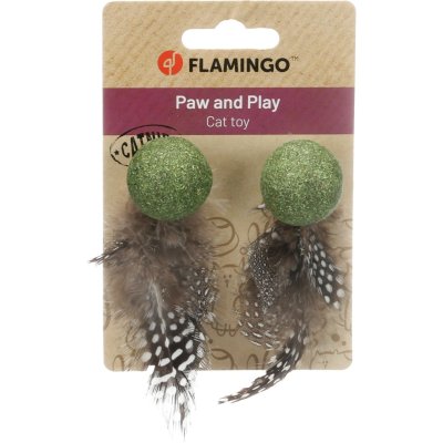 Zoom bild av Flamingo Kattmyntaboll med fjädrar Katti Catnip 2-pack kattleksak ball with feathers 9,5 cm 3,5 cm naturlig leksak katt