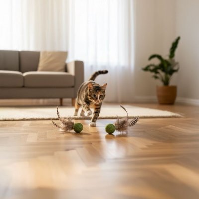 Zoom bild av Flamingo Kattmyntaboll med fjädrar Katti Catnip 2-pack kattleksak ball with feathers 9,5 cm 3,5 cm naturlig leksak katt