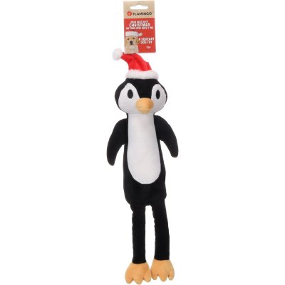 Zoom bild av flamingo hundleksak lång pingvin svart vit gul röd plysch polyester julleksak hund julig leksak tomteluva lekfull festlig med pi