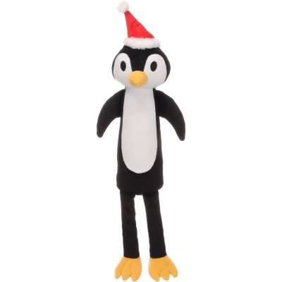Zoom bild av flamingo hundleksak lång pingvin svart vit gul röd plysch polyester julleksak hund julig leksak tomteluva lekfull festlig med pi