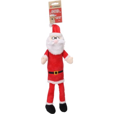 Zoom bild av flamingo hundleksak lång jultomte mjuk plysch med pip röd vit tomteluva rolig julleksak hund