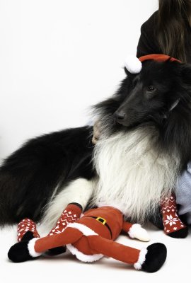 Zoom bild av flamingo hundleksak lång jultomte mjuk plysch med pip röd vit tomteluva rolig julleksak hund