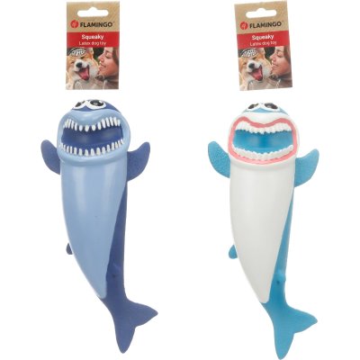 Zoom bild av Flamingo Latexhaj Sharo 29 cm, blandade färger hundleksak haj blå