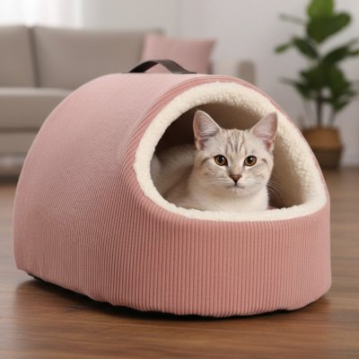 Zoom bild av kattbädd igloo katt hundbädd manchester mysig bädd mjuk fleece polyester handtag kudde flamingo blå