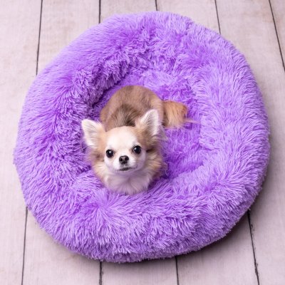Zoom bild av mysbädd krambädd lugnande bädd krems polyster mjuk vadderad katt hund trygg flamingo lila