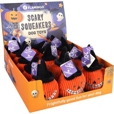 Zoom bild av pumpa halloween hundleksak pumpkin flamingo orange hatt svart mjuk manchester leksak mjukdjur