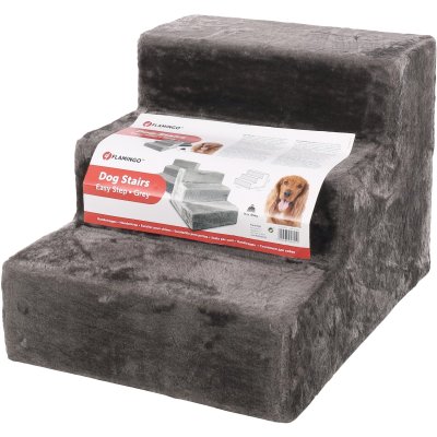Zoom bild av hundtrappa kattrappa trappa hund katt husdjur ledproblem ryggproblem ont i ryggen gammal hund liten hund sjukdom trappa grå plys