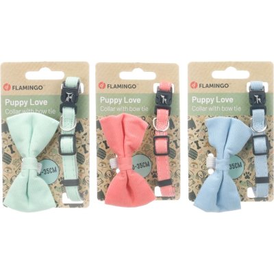 Zoom bild av Flamingo valphalsband med fluga puppy elfi blandade färger rosett band manchester rosa blå grön