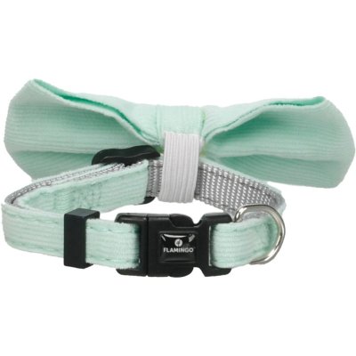 Zoom bild av Flamingo valphalsband med fluga puppy elfi blandade färger rosett band manchester rosa blå grön
