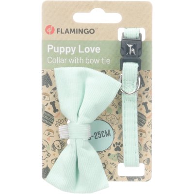 Zoom bild av Flamingo valphalsband med fluga puppy elfi blandade färger rosett band manchester rosa blå grön