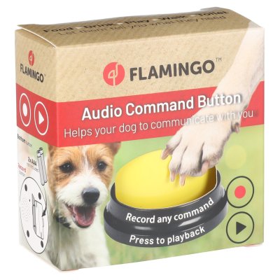 Zoom bild av träningsknapp hundträning ljudknapp inspelade ljud hundspel hundleksak ljud träna flamingo olika färger knapp blå orange grön gu