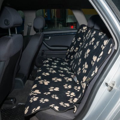 Zoom bild av Globus Baksätesskydd med tassmönster, svart beige, 140x105 cm fleece nylon bilskydd mjukt hundskydd bil