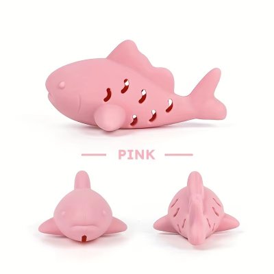 Zoom bild av godisgömma aktiveringsleksak silikon kattleksak snacksgömma snacksleksak katt rosa grön mjuk fisk