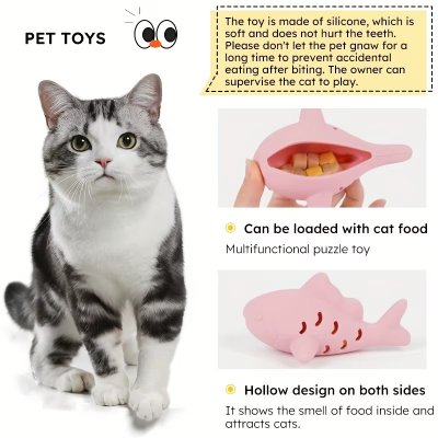 Zoom bild av godisgömma aktiveringsleksak silikon kattleksak snacksgömma snacksleksak katt rosa grön mjuk fisk