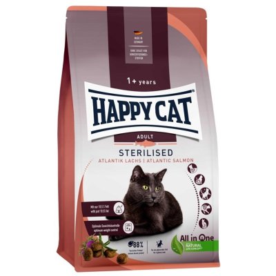 Zoom bild av Happy Cat Adult Sterilised Lax kattfoder kastrerad salmon torrfoder mättande hårbollar glänsande päls viktkontroll smakligt