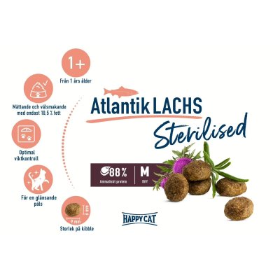 Zoom bild av Happy Cat Adult Sterilised Lax kattfoder kastrerad salmon torrfoder mättande hårbollar glänsande päls viktkontroll smakligt