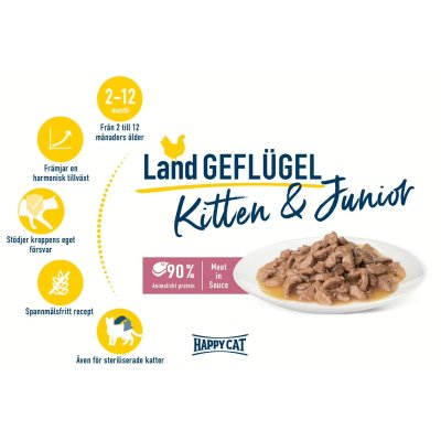 Zoom bild av blötfoder katt kattunge fågel kyckling farm poultry spannmålsfritt happy cat happycat junior