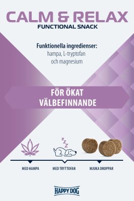 Zoom bild av hundgodis hundsnacks belöningsgodis kosttillskott lugn avslappnad hund care happy dog calm relax hampa tryptofan funktionellt sn