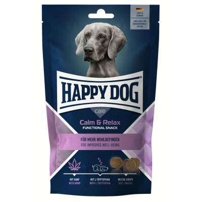 Zoom bild av hundgodis hundsnacks belöningsgodis kosttillskott lugn avslappnad hund care happy dog calm relax hampa tryptofan funktionellt sn